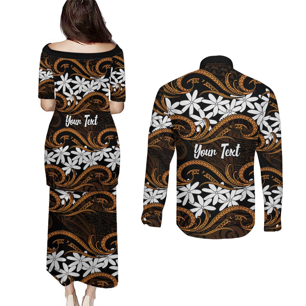 Personalised Cook Islands Rakahanga Couples Matching Puletasi and Long Sleeve Button Shirt Tiare Maori Polynesian Waves Tattoo LT14 - Polynesian Pride
