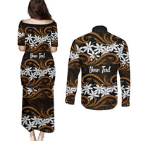 Personalised Cook Islands Rakahanga Couples Matching Puletasi and Long Sleeve Button Shirt Tiare Maori Polynesian Waves Tattoo LT14 - Polynesian Pride