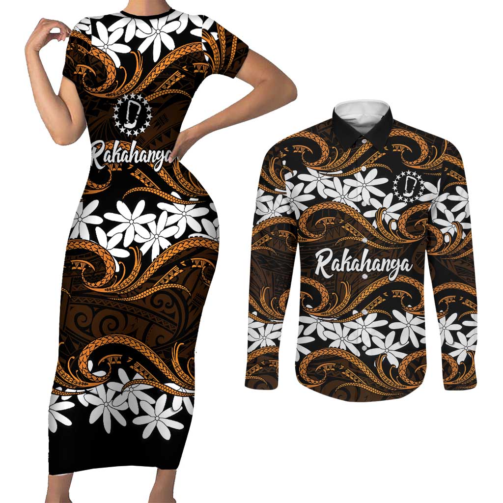 Personalised Cook Islands Rakahanga Couples Matching Short Sleeve Bodycon Dress and Long Sleeve Button Shirt Tiare Maori Polynesian Waves Tattoo