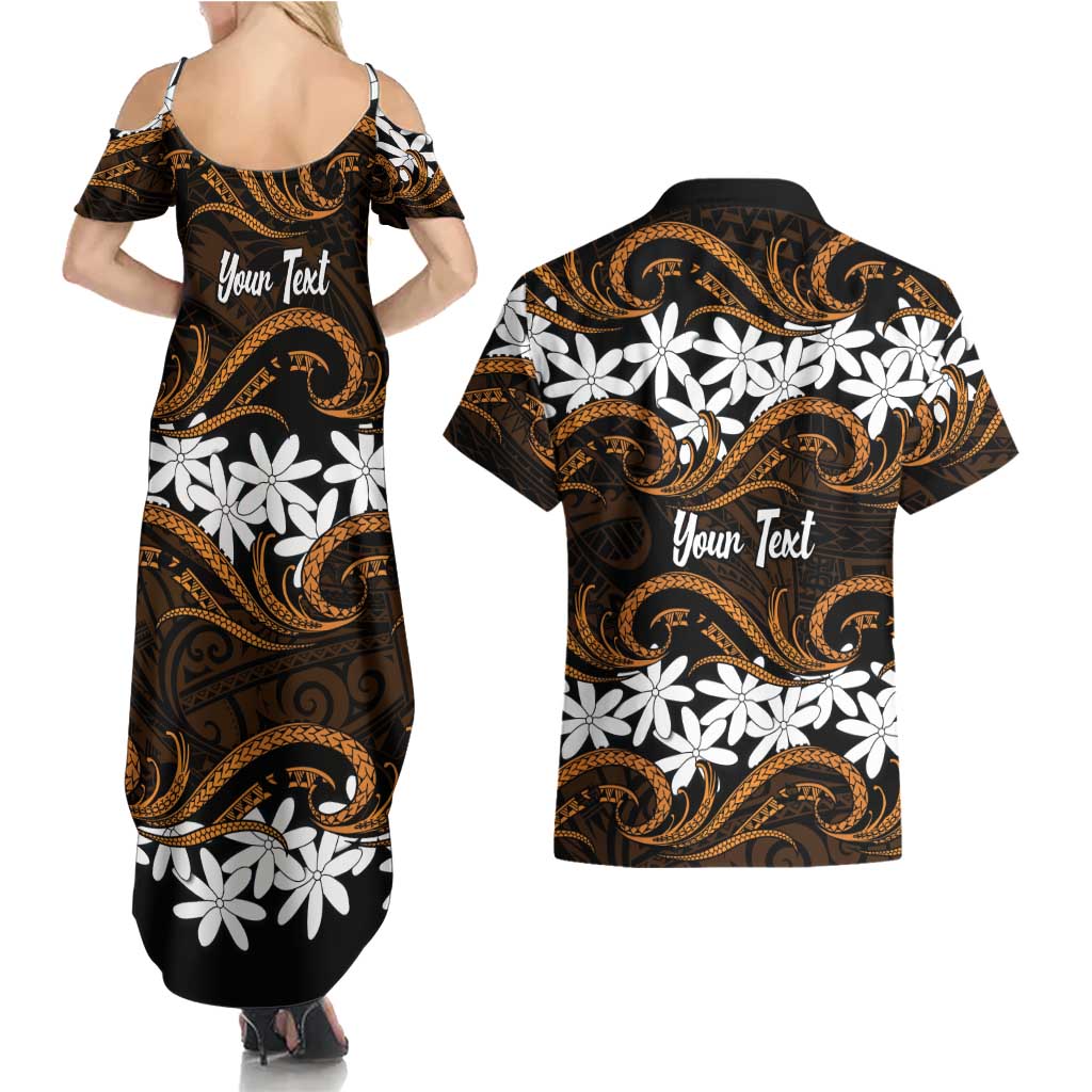 Personalised Cook Islands Rakahanga Couples Matching Summer Maxi Dress and Hawaiian Shirt Tiare Maori Polynesian Waves Tattoo