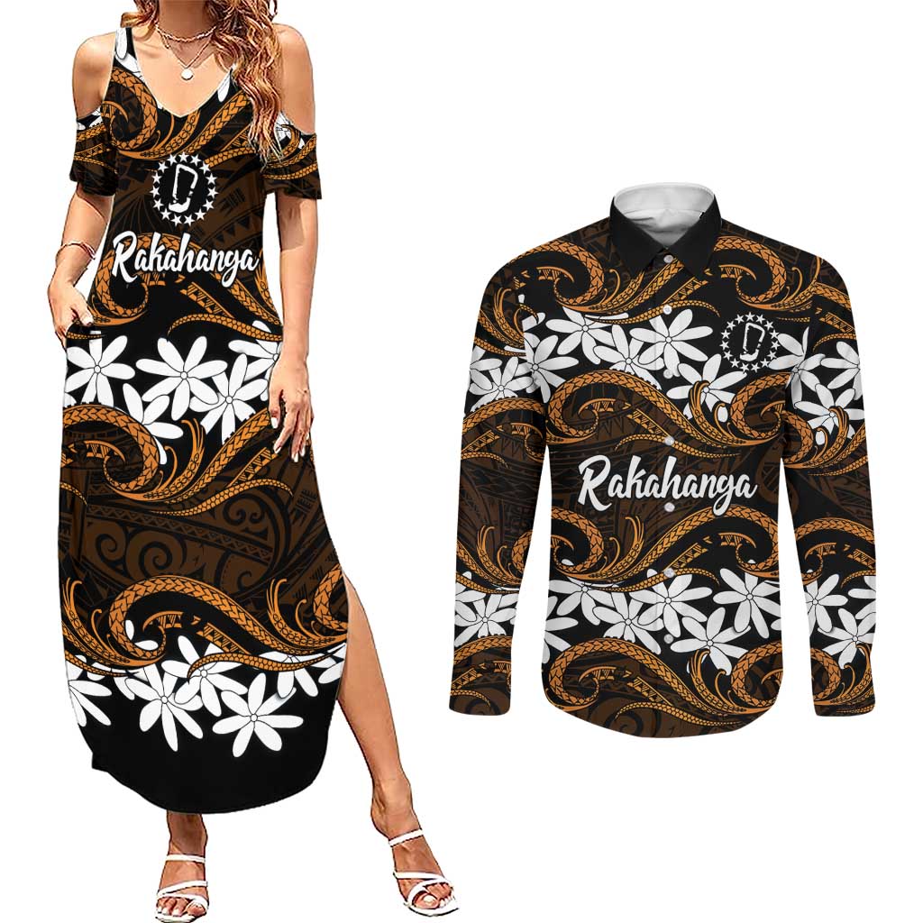 Personalised Cook Islands Rakahanga Couples Matching Summer Maxi Dress and Long Sleeve Button Shirt Tiare Maori Polynesian Waves Tattoo