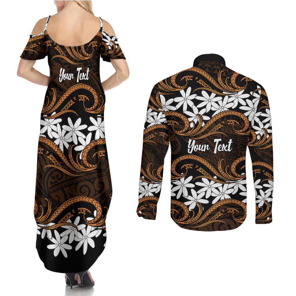 Personalised Cook Islands Rakahanga Couples Matching Summer Maxi Dress and Long Sleeve Button Shirt Tiare Maori Polynesian Waves Tattoo LT14 - Polynesian Pride