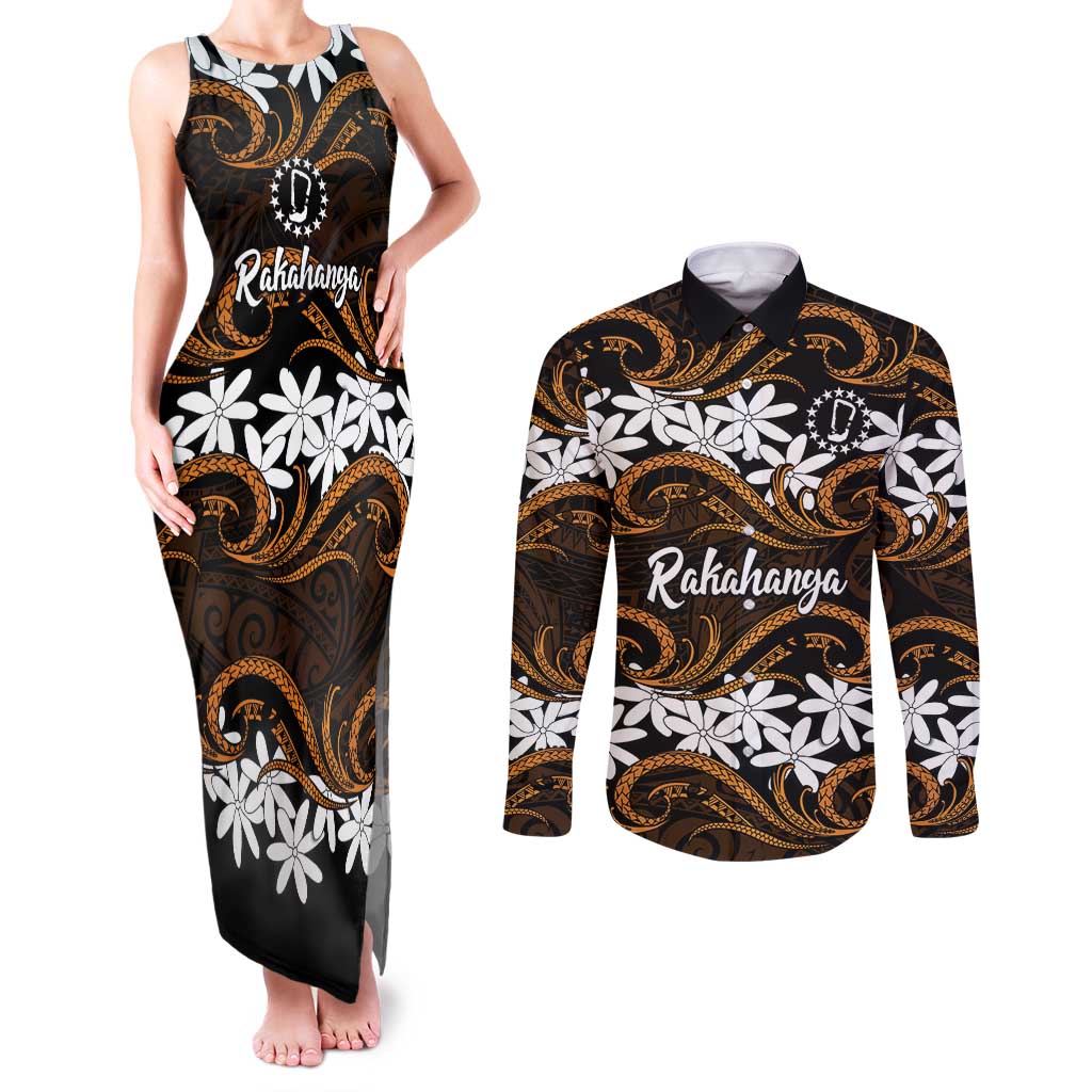 Personalised Cook Islands Rakahanga Couples Matching Tank Maxi Dress and Long Sleeve Button Shirt Tiare Maori Polynesian Waves Tattoo LT14 Orange - Polynesian Pride