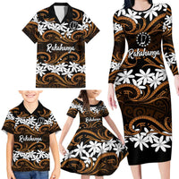 Personalised Cook Islands Rakahanga Family Matching Long Sleeve Bodycon Dress and Hawaiian Shirt Tiare Maori Polynesian Waves Tattoo LT14 - Polynesian Pride