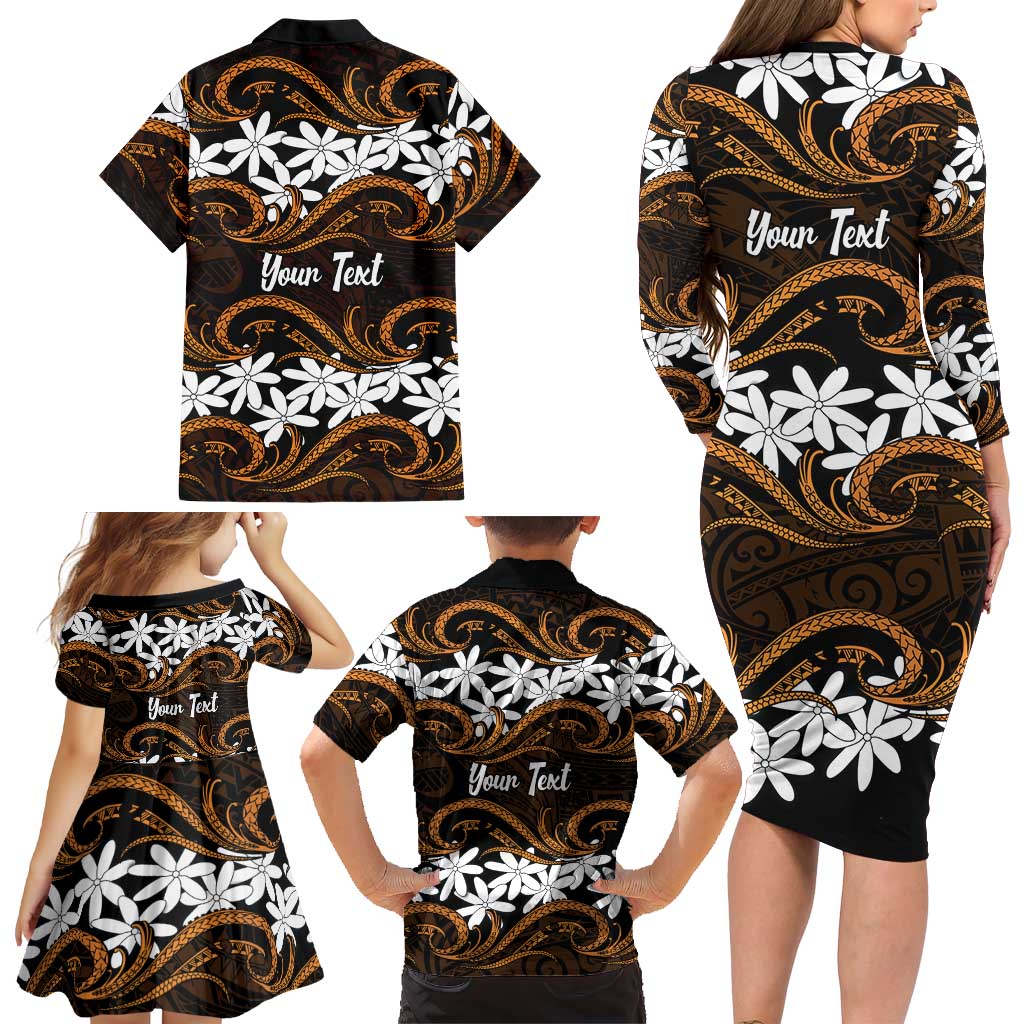 Personalised Cook Islands Rakahanga Family Matching Long Sleeve Bodycon Dress and Hawaiian Shirt Tiare Maori Polynesian Waves Tattoo LT14 - Polynesian Pride