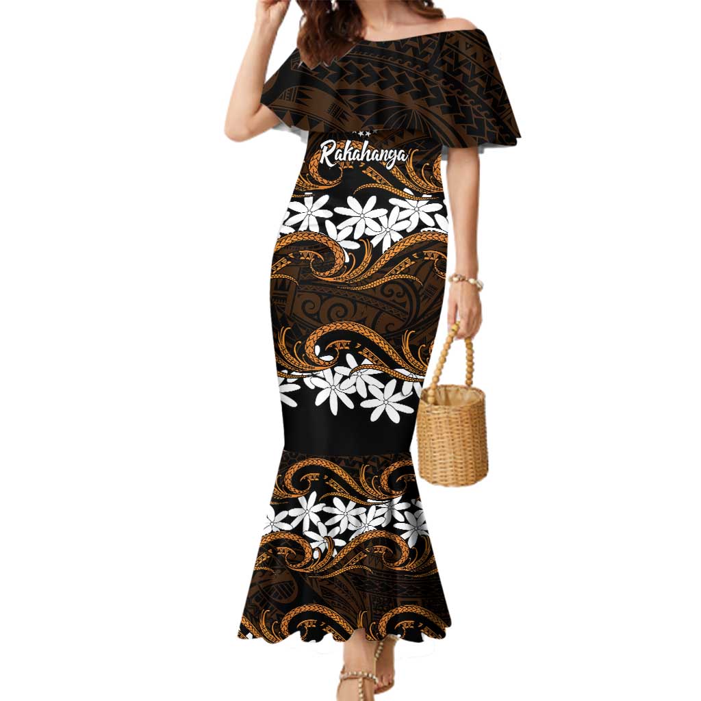 Personalised Cook Islands Rakahanga Family Matching Mermaid Dress and Hawaiian Shirt Tiare Maori Polynesian Waves Tattoo LT14 Mom's Dress Orange - Polynesian Pride