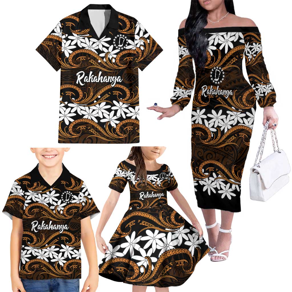 Personalised Cook Islands Rakahanga Family Matching Off The Shoulder Long Sleeve Dress and Hawaiian Shirt Tiare Maori Polynesian Waves Tattoo LT14 - Polynesian Pride