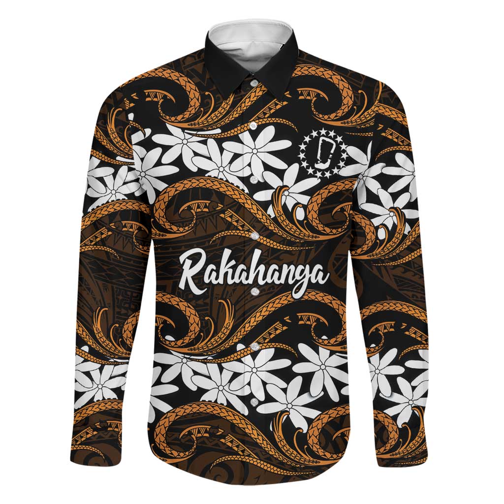 Personalised Cook Islands Rakahanga Family Matching Off Shoulder Maxi Dress and Hawaiian Shirt Tiare Maori Polynesian Waves Tattoo LT14 Dad's Shirt - Long Sleeve Orange - Polynesian Pride