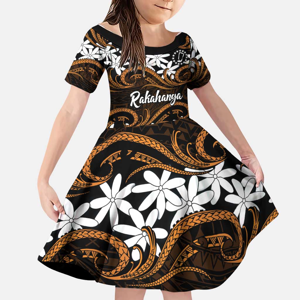 Personalised Cook Islands Rakahanga Family Matching Tank Maxi Dress and Hawaiian Shirt Tiare Maori Polynesian Waves Tattoo LT14 Daughter's Dress Orange - Polynesian Pride