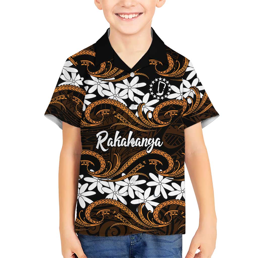Personalised Cook Islands Rakahanga Family Matching Tank Maxi Dress and Hawaiian Shirt Tiare Maori Polynesian Waves Tattoo LT14 Son's Shirt Orange - Polynesian Pride
