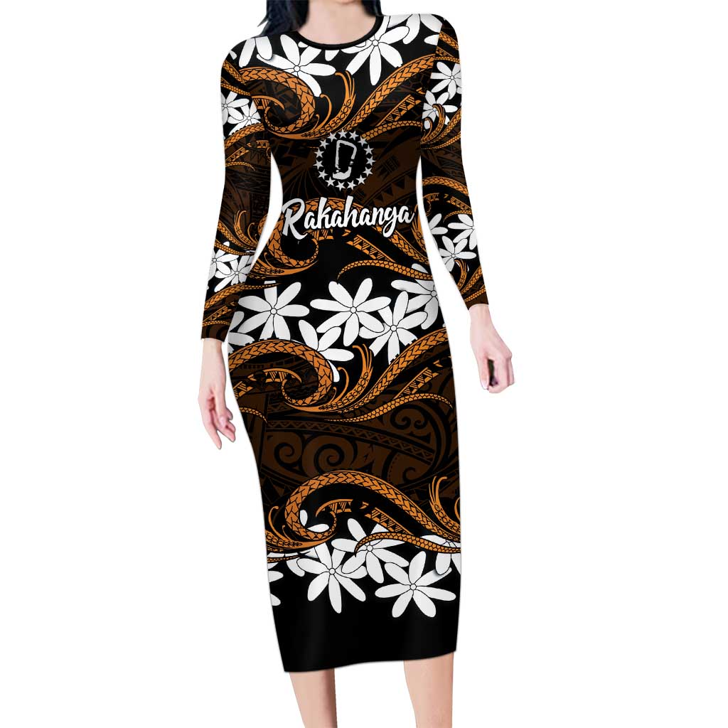 Personalised Cook Islands Rakahanga Long Sleeve Bodycon Dress Tiare Maori Polynesian Waves Tattoo LT14 Long Dress Orange - Polynesian Pride