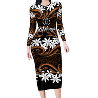 Personalised Cook Islands Rakahanga Long Sleeve Bodycon Dress Tiare Maori Polynesian Waves Tattoo LT14 Long Dress Orange - Polynesian Pride