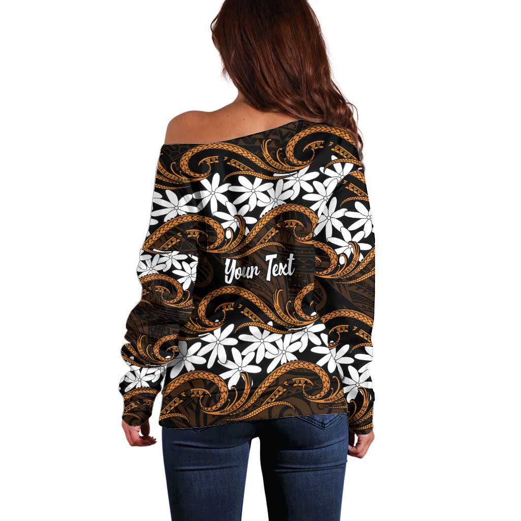 Personalised Cook Islands Rakahanga Off Shoulder Sweater Tiare Maori Polynesian Waves Tattoo