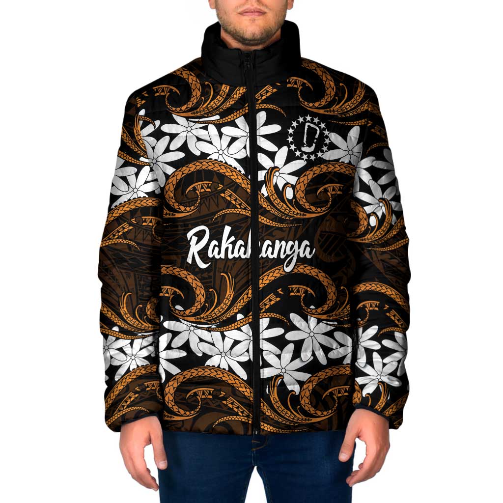 Personalised Cook Islands Rakahanga Padded Jacket Tiare Maori Polynesian Waves Tattoo LT14 Men Orange - Polynesian Pride