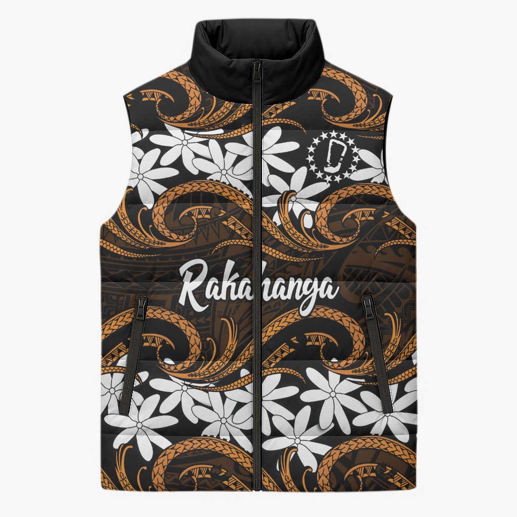 Personalised Cook Islands Rakahanga Sleeveless Puffer Jacket Tiare Maori Polynesian Waves Tattoo LT14 Unisex Orange - Polynesian Pride