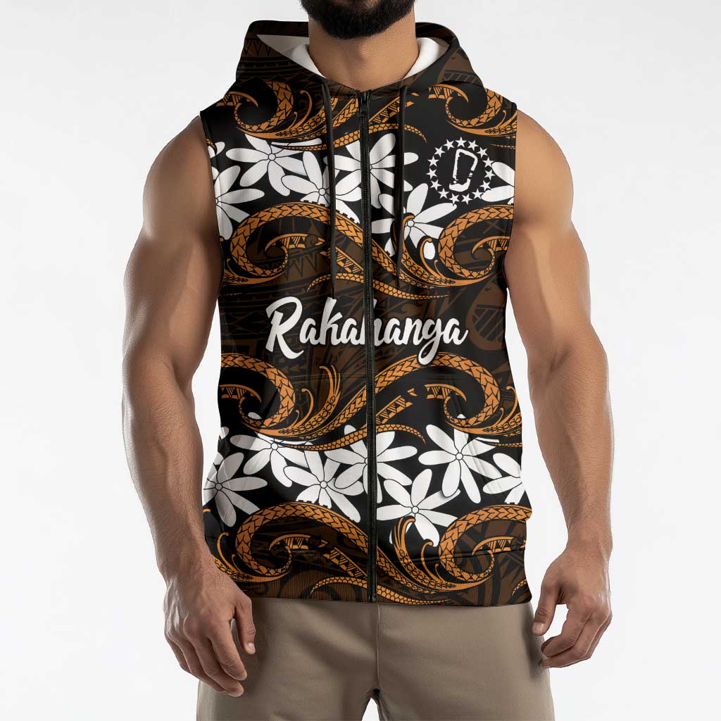 Personalised Cook Islands Rakahanga Sleeveless Zip Hoodie Tiare Maori Polynesian Waves Tattoo LT14 - Polynesian Pride