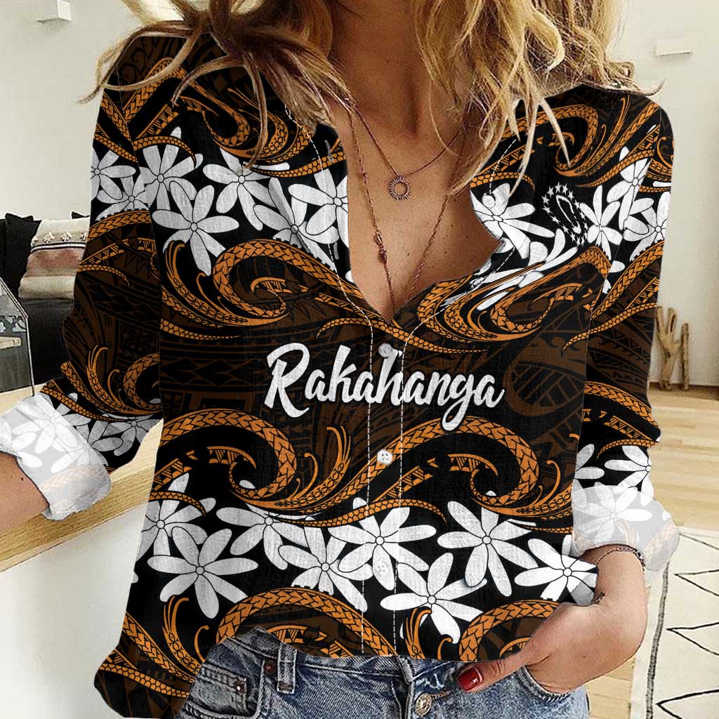 Personalised Cook Islands Rakahanga Women Casual Shirt Tiare Maori Polynesian Waves Tattoo LT14 Female Orange - Polynesian Pride