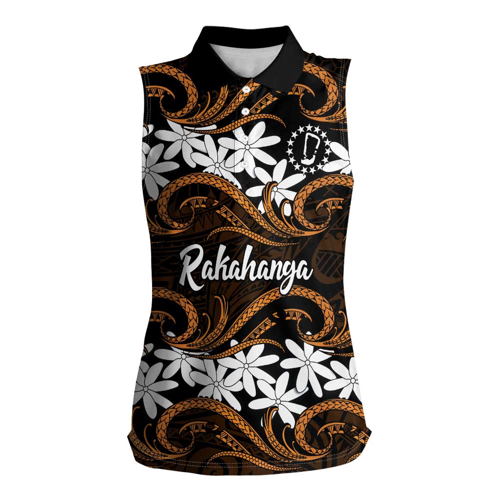 Personalised Cook Islands Rakahanga Women Sleeveless Polo Shirt Tiare Maori Polynesian Waves Tattoo