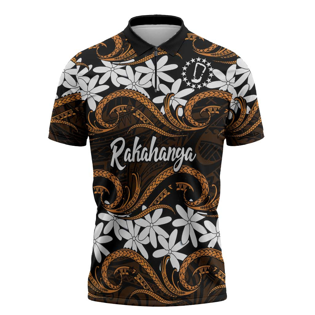 Personalised Cook Islands Rakahanga Zipper Polo Shirt Tiare Maori Polynesian Waves Tattoo