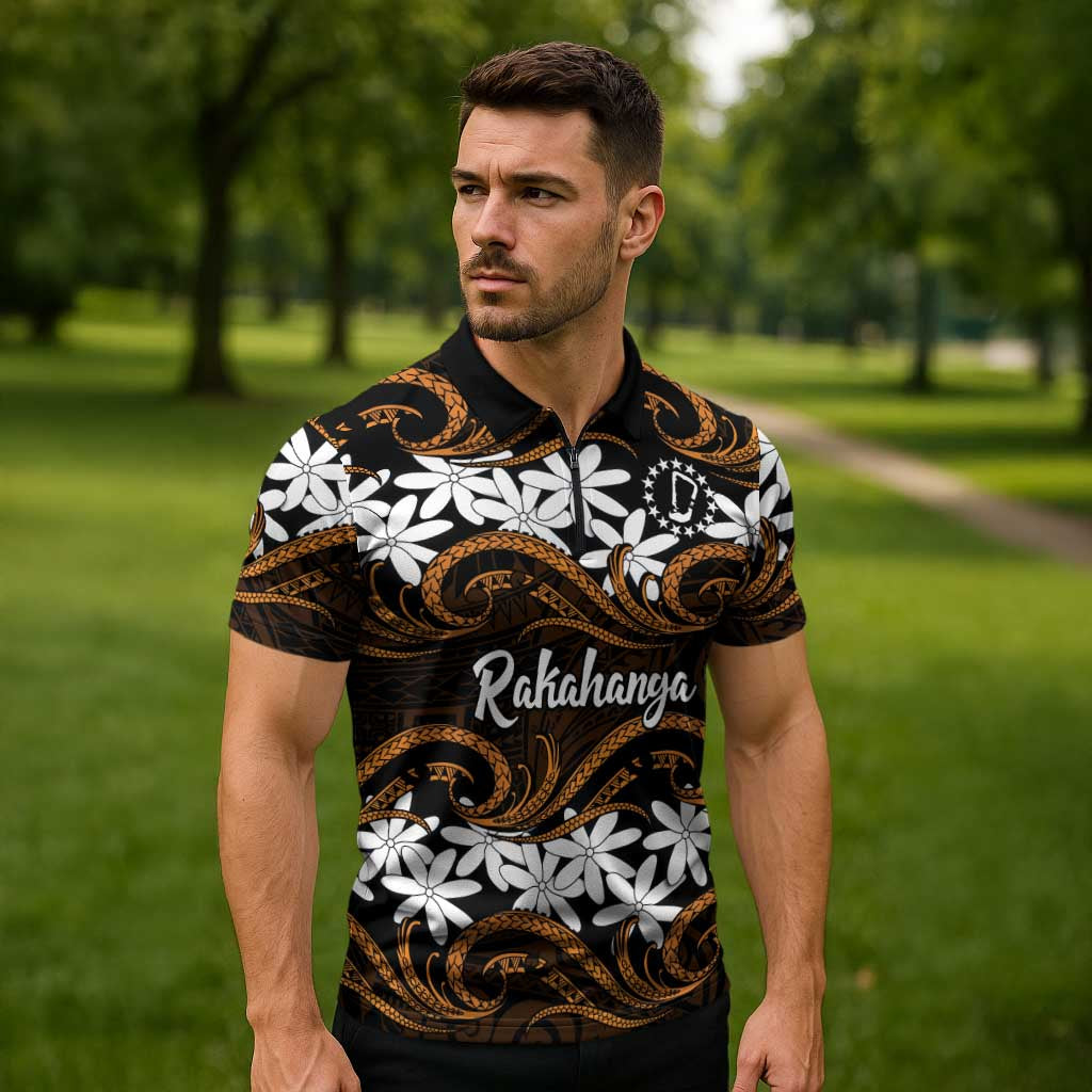 Personalised Cook Islands Rakahanga Zipper Polo Shirt Tiare Maori Polynesian Waves Tattoo LT14 - Polynesian Pride