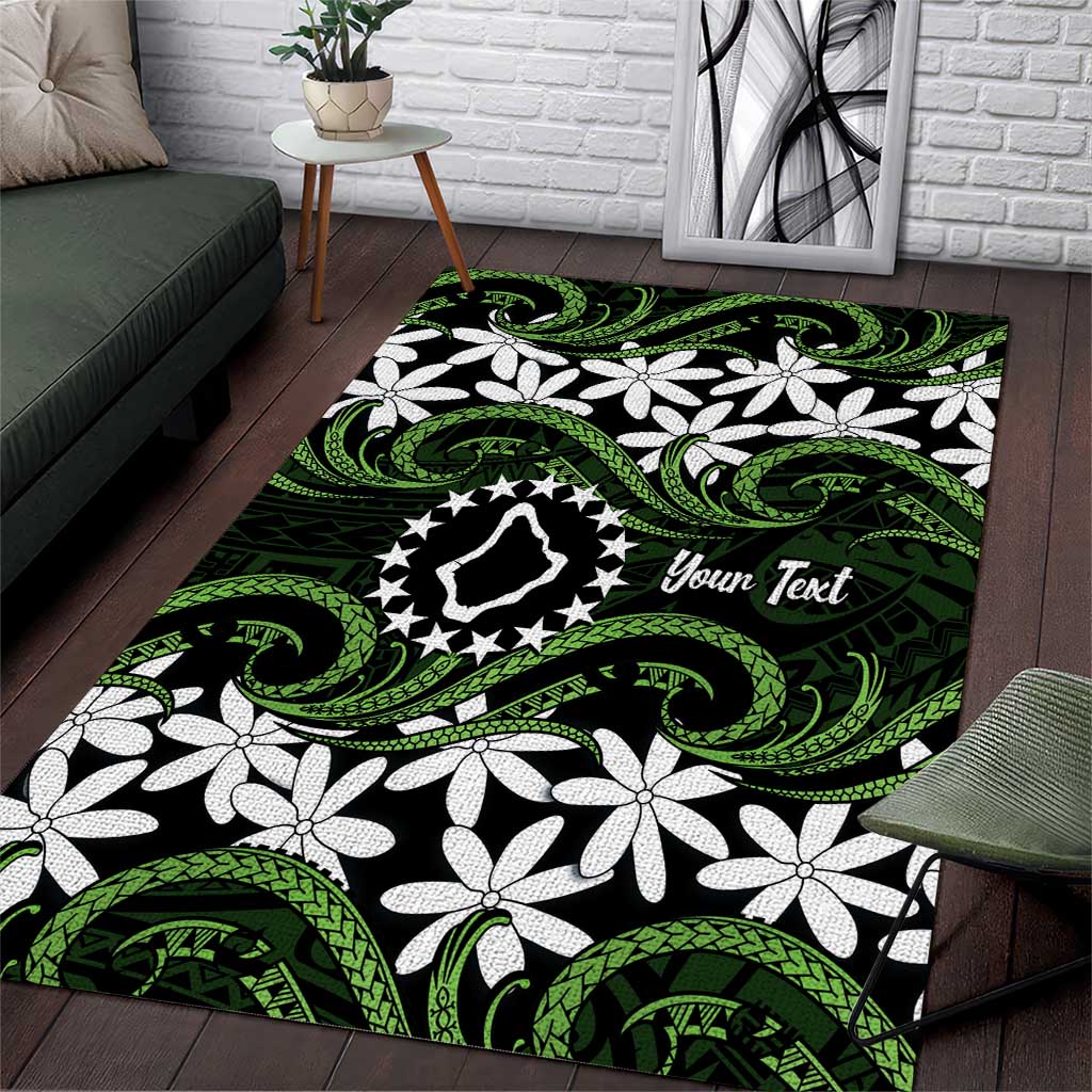 Personalised Cook Islands Palmerston Area Rug Tiare Maori Polynesian Waves Tattoo LT14 Green - Polynesian Pride