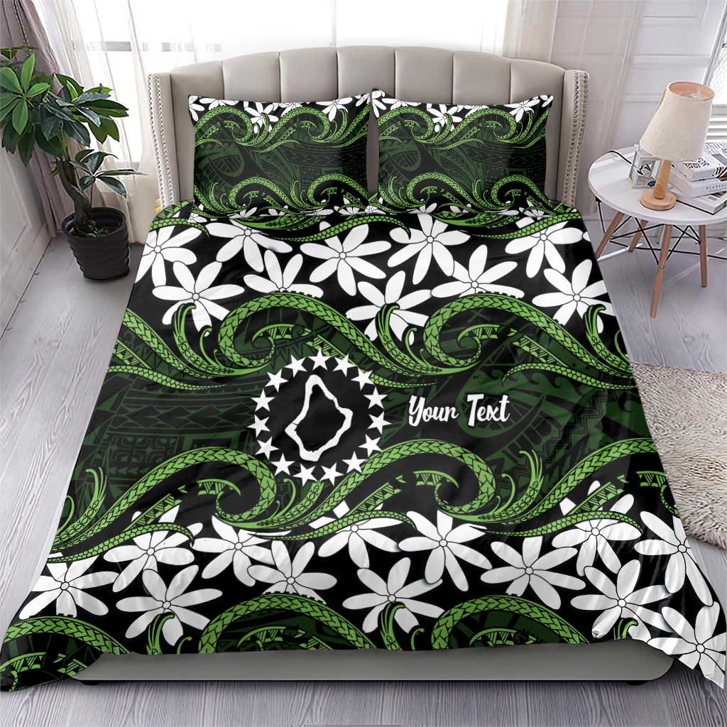 Personalised Cook Islands Palmerston Bedding Set Tiare Maori Polynesian Waves Tattoo