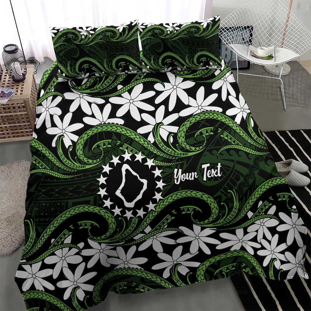 Personalised Cook Islands Palmerston Bedding Set Tiare Maori Polynesian Waves Tattoo