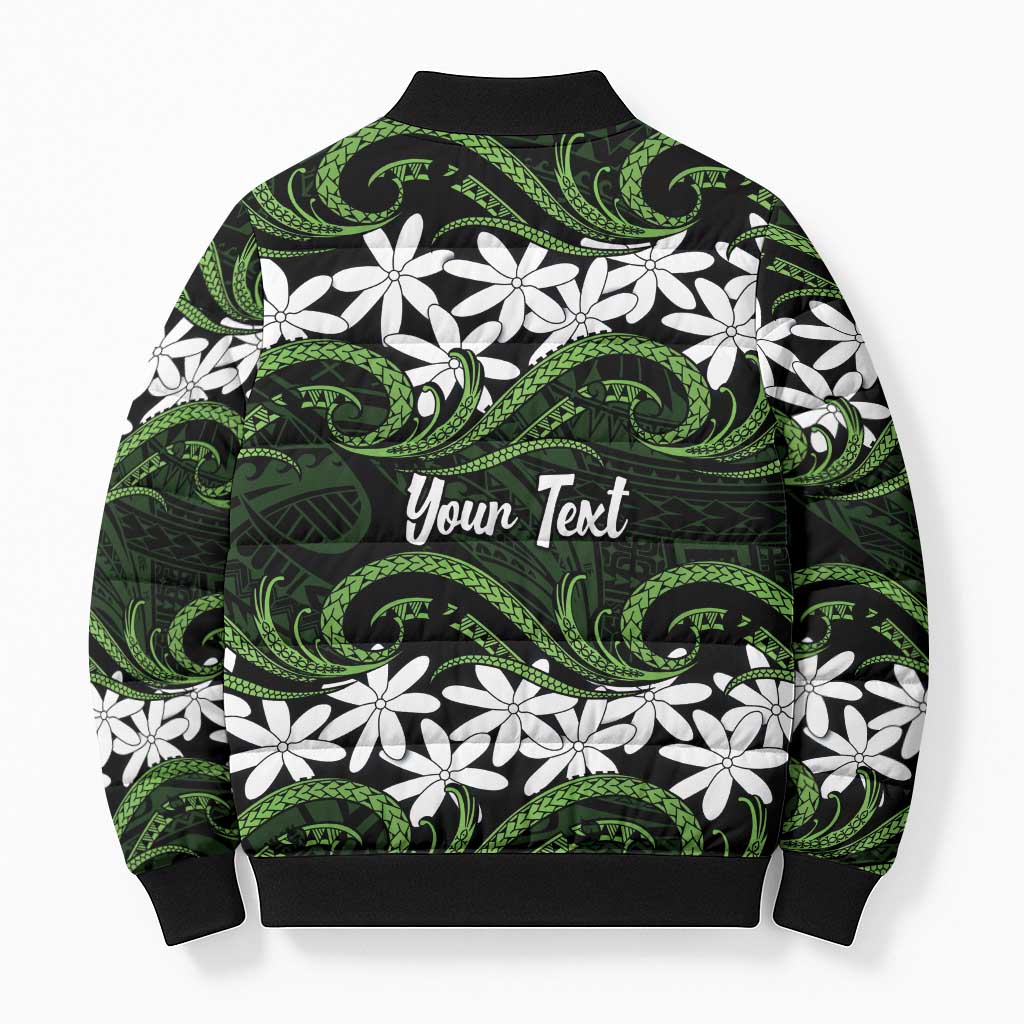 Personalised Cook Islands Palmerston Bomber Puffer Jacket Tiare Maori Polynesian Waves Tattoo