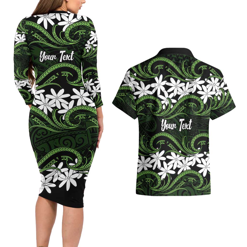 Personalised Cook Islands Palmerston Couples Matching Long Sleeve Bodycon Dress and Hawaiian Shirt Tiare Maori Polynesian Waves Tattoo