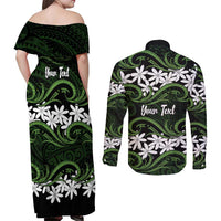 Personalised Cook Islands Palmerston Couples Matching Off Shoulder Maxi Dress and Long Sleeve Button Shirt Tiare Maori Polynesian Waves Tattoo LT14 - Polynesian Pride