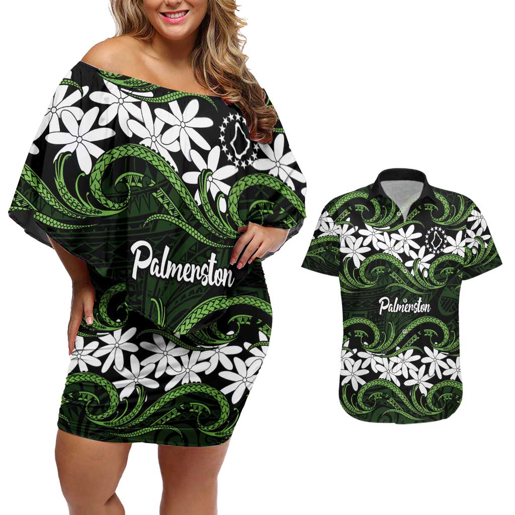 Personalised Cook Islands Palmerston Couples Matching Off Shoulder Short Dress and Hawaiian Shirt Tiare Maori Polynesian Waves Tattoo LT14 Green - Polynesian Pride