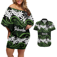 Personalised Cook Islands Palmerston Couples Matching Off Shoulder Short Dress and Hawaiian Shirt Tiare Maori Polynesian Waves Tattoo LT14 Green - Polynesian Pride