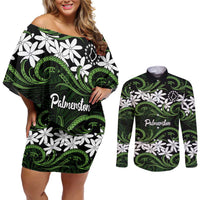 Personalised Cook Islands Palmerston Couples Matching Off Shoulder Short Dress and Long Sleeve Button Shirt Tiare Maori Polynesian Waves Tattoo LT14 Green - Polynesian Pride