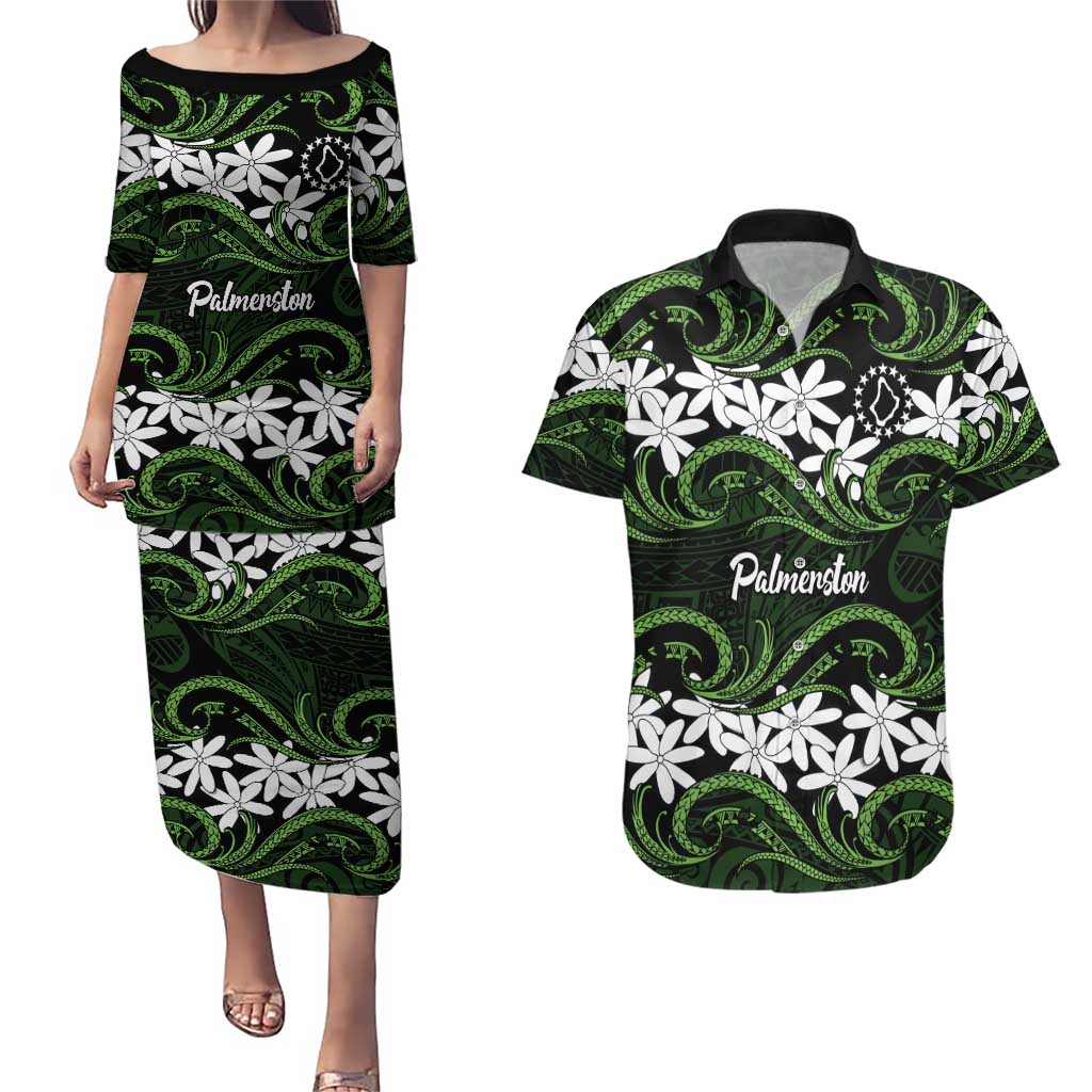 Personalised Cook Islands Palmerston Couples Matching Puletasi and Hawaiian Shirt Tiare Maori Polynesian Waves Tattoo LT14 Green - Polynesian Pride