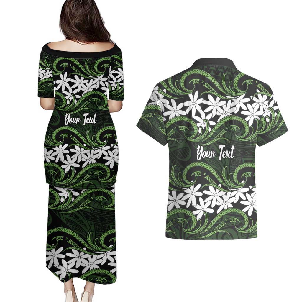 Personalised Cook Islands Palmerston Couples Matching Puletasi and Hawaiian Shirt Tiare Maori Polynesian Waves Tattoo LT14 - Polynesian Pride