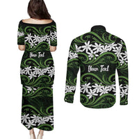 Personalised Cook Islands Palmerston Couples Matching Puletasi and Long Sleeve Button Shirt Tiare Maori Polynesian Waves Tattoo LT14 - Polynesian Pride