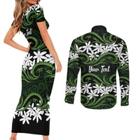 Personalised Cook Islands Palmerston Couples Matching Short Sleeve Bodycon Dress and Long Sleeve Button Shirt Tiare Maori Polynesian Waves Tattoo LT14 - Polynesian Pride