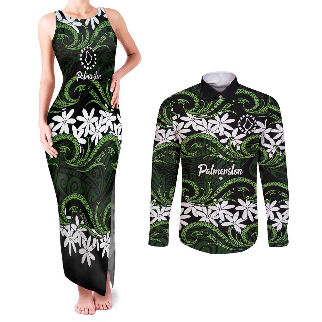 Personalised Cook Islands Palmerston Couples Matching Tank Maxi Dress and Long Sleeve Button Shirt Tiare Maori Polynesian Waves Tattoo LT14 Green - Polynesian Pride