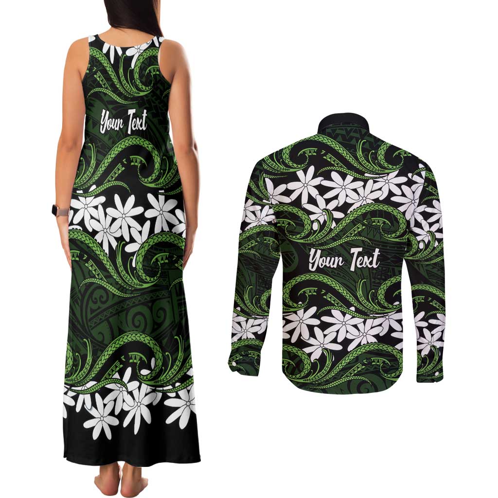 Personalised Cook Islands Palmerston Couples Matching Tank Maxi Dress and Long Sleeve Button Shirt Tiare Maori Polynesian Waves Tattoo LT14 - Polynesian Pride