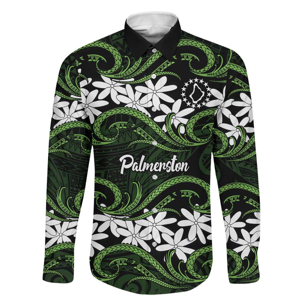 Personalised Cook Islands Palmerston Family Matching Off Shoulder Maxi Dress and Hawaiian Shirt Tiare Maori Polynesian Waves Tattoo LT14 Dad's Shirt - Long Sleeve Green - Polynesian Pride