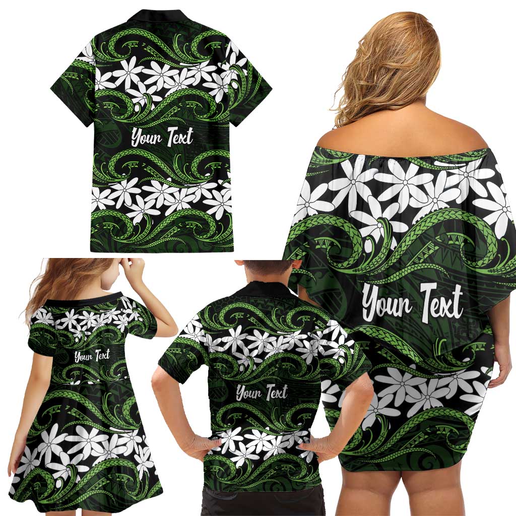 Personalised Cook Islands Palmerston Family Matching Off Shoulder Short Dress and Hawaiian Shirt Tiare Maori Polynesian Waves Tattoo LT14 - Polynesian Pride
