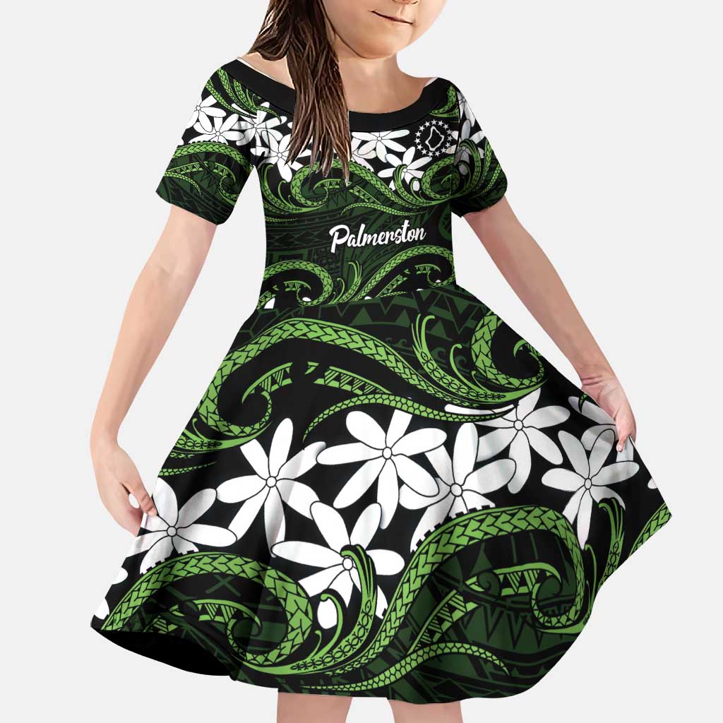 Personalised Cook Islands Palmerston Family Matching Summer Maxi Dress and Hawaiian Shirt Tiare Maori Polynesian Waves Tattoo LT14 Daughter's Dress Green - Polynesian Pride