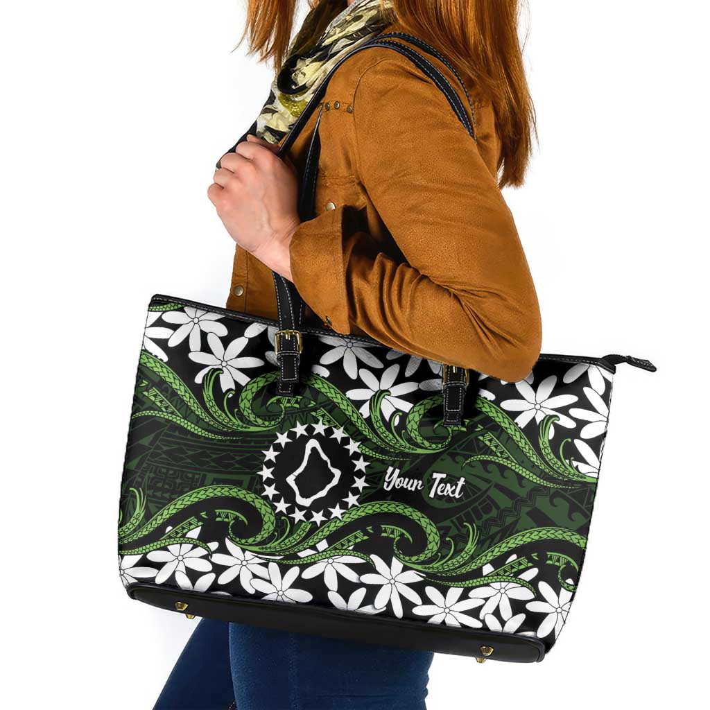 Personalised Cook Islands Palmerston Leather Tote Bag Tiare Maori Polynesian Waves Tattoo LT14 Green - Polynesian Pride