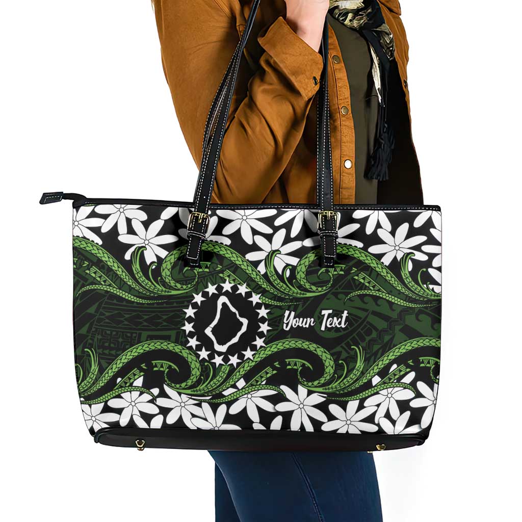 Personalised Cook Islands Palmerston Leather Tote Bag Tiare Maori Polynesian Waves Tattoo LT14 - Polynesian Pride