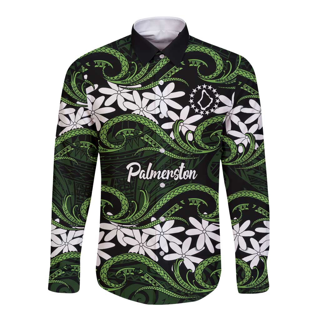 Personalised Cook Islands Palmerston Long Sleeve Button Shirt Tiare Maori Polynesian Waves Tattoo LT14 Unisex Green - Polynesian Pride