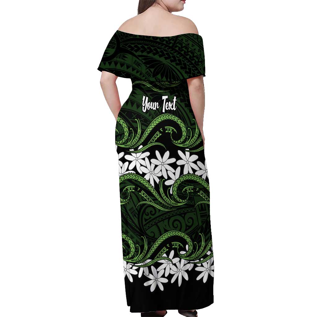 Personalised Cook Islands Palmerston Off Shoulder Maxi Dress Tiare Maori Polynesian Waves Tattoo