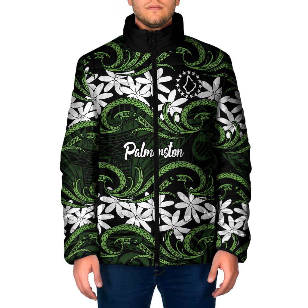 Personalised Cook Islands Palmerston Padded Jacket Tiare Maori Polynesian Waves Tattoo LT14 Men Green - Polynesian Pride
