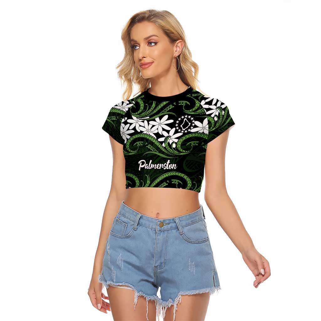 Personalised Cook Islands Palmerston Raglan Cropped T Shirt Tiare Maori Polynesian Waves Tattoo LT14 Female Green - Polynesian Pride