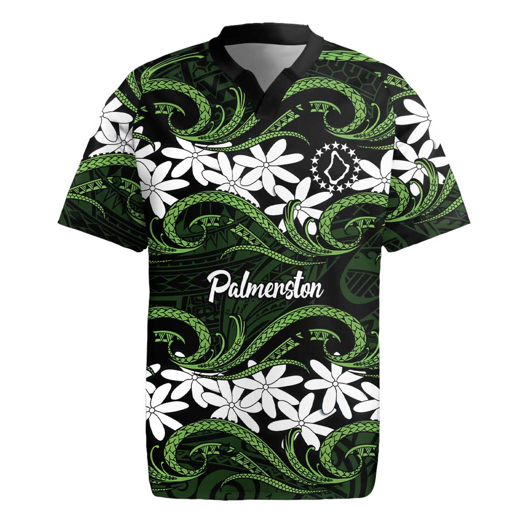 Personalised Cook Islands Palmerston Rugby Jersey Tiare Maori Polynesian Waves Tattoo LT14 Green - Polynesian Pride