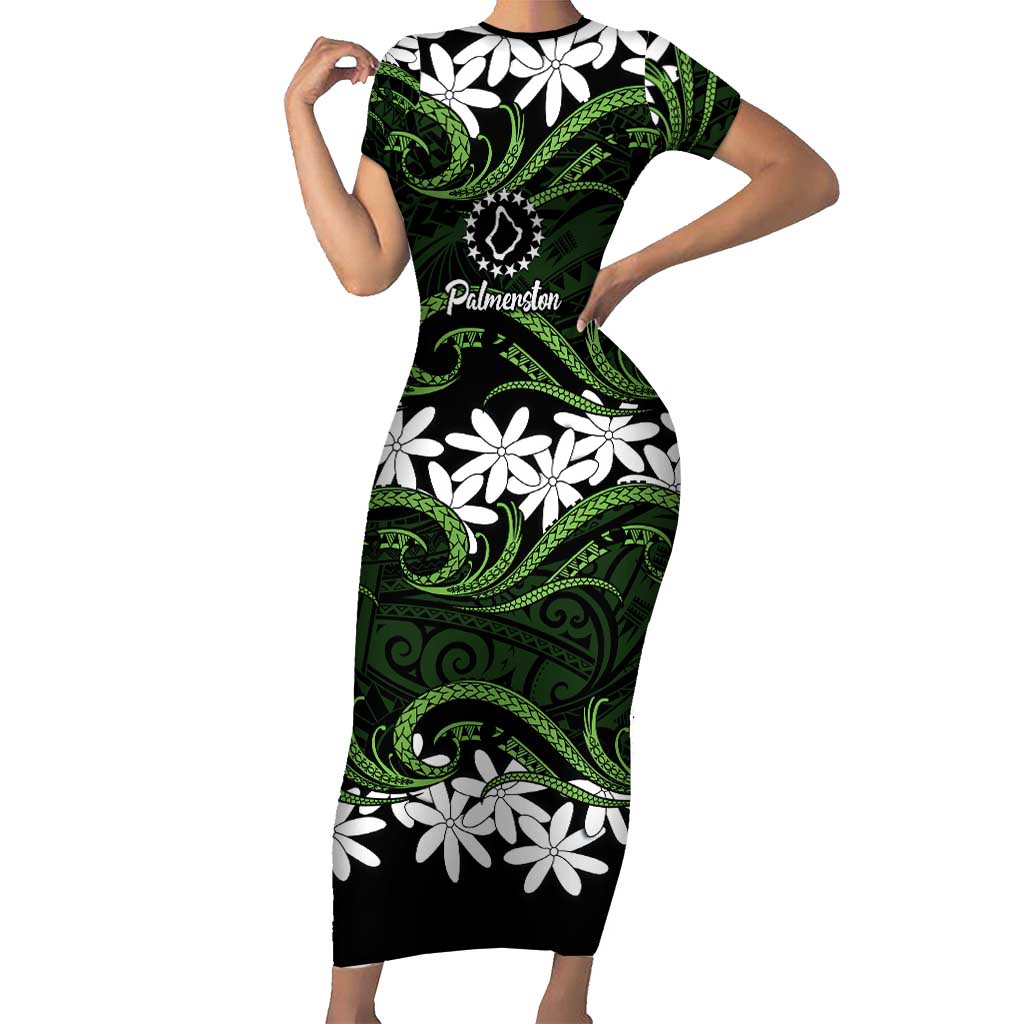 Personalised Cook Islands Palmerston Short Sleeve Bodycon Dress Tiare Maori Polynesian Waves Tattoo LT14 Long Dress Green - Polynesian Pride